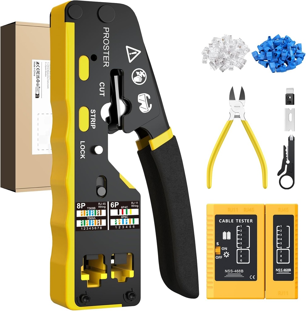 Proster RJ45 Crimp Tool Kit - 3 in 1 Pass Through RJ45 Crimper Ethernet Crimping Tool for 8P RJ45 Cat5/5e Cat6/6a & 6P RJ11 RJ12 with Cable Tester Stripper 50PCS Cat6 Connectors and Protective Covers