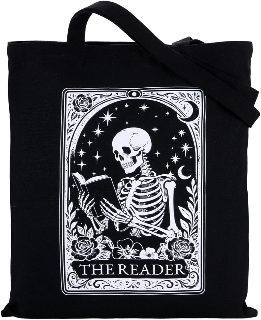 Halloween Tote Bags the Reader Gothic Book Tote Bag Skeleton Book Lover Gifts for Women Canvas Bag Witchy Skull Goth Tote Bag Aesthetic Bookish Merch Halloween Spooky Gifts for Women Men Readers
