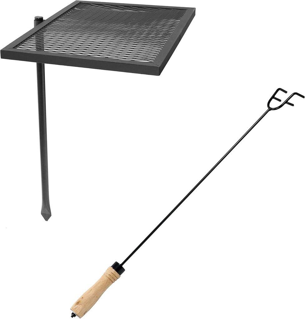 Sunnydaze Outdoor Heavy-Duty Steel Adjustable Fire Pit Cooking Grill Grate with 360-Degree Rotating Ability and 26-Inch Indoor/Outdoor Poker Tool with Wood Handle Bundle