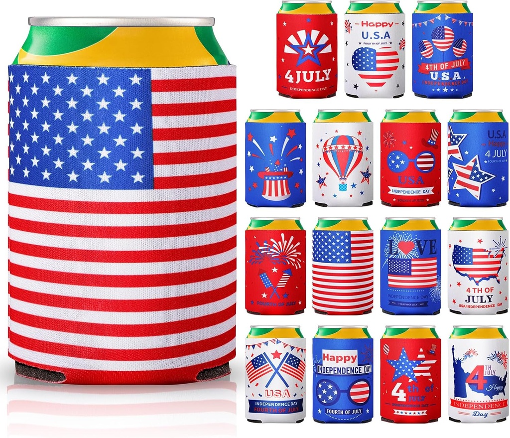 15 Pack Can Cooler Sleeves - Patriotic Beverage Insulators for BBQ, Pool Parties & Summer Celebrations | Red White Blue Star Design