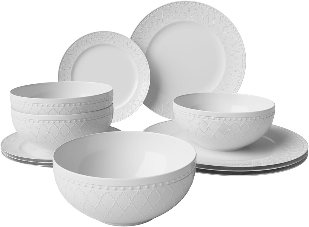 Yoshy 12-Piece White Embossed Mesh Bone China Dinnerware with Lightweight Durable Chip Resistant Design Service for 4