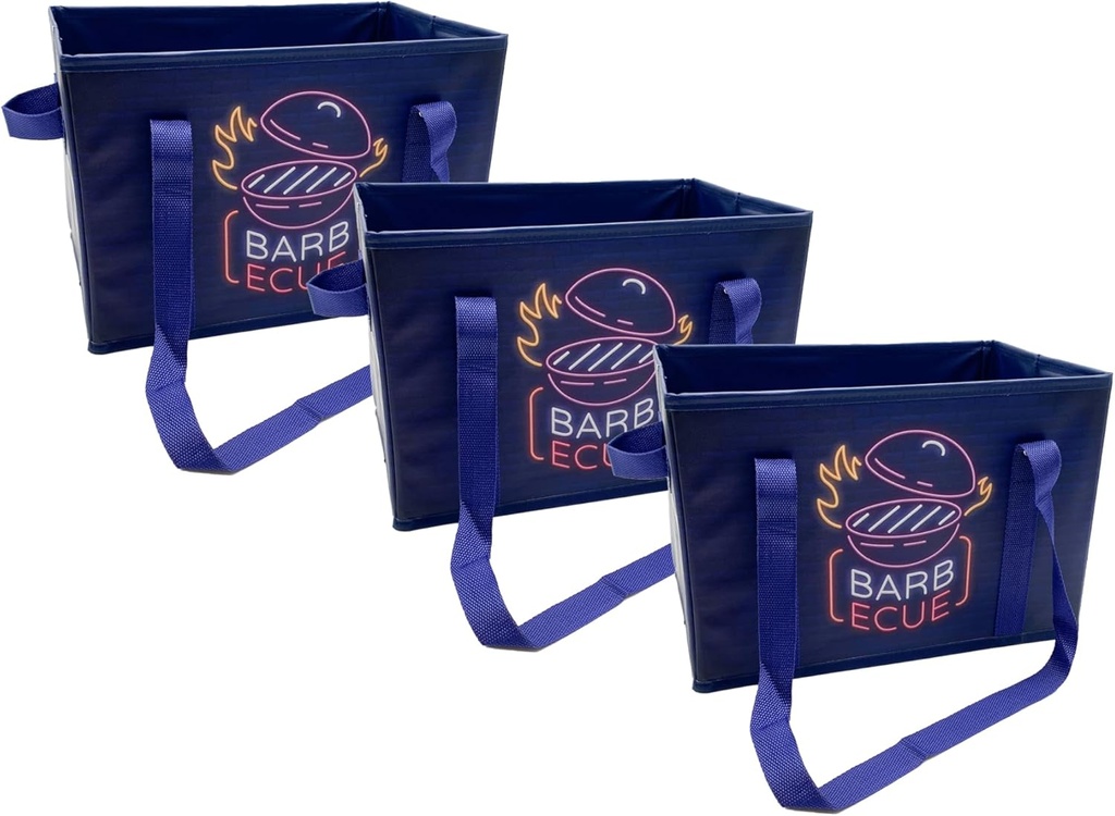 Earthwise Collapsible Reusable Shopping Box Grocery Bag Set with Reinforced Bottom Storage Boxes Bins Cubes (Set of 3) (BBQ Time)