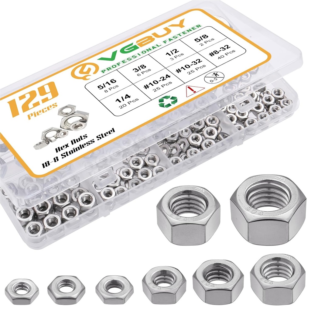 129pcs SAE Hex Nuts Assortment Kit 8-32 10-24 10-32 1/4"-20 5/16"-18 3/8"-16 1/2"-13 5/8"-11, 304 Stainless Steel 18-8 External Hex nut Set