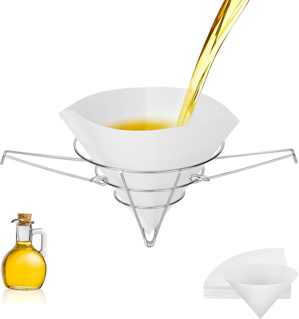 10" Deep Fryer Oil Filter Stand with 25 Paper Filters, Cooking Oil Filter Strainer, Maple Syrup Cone Filter Holder, Stainless Steel Cone Filter Holder with Folding Arms for Kitchens