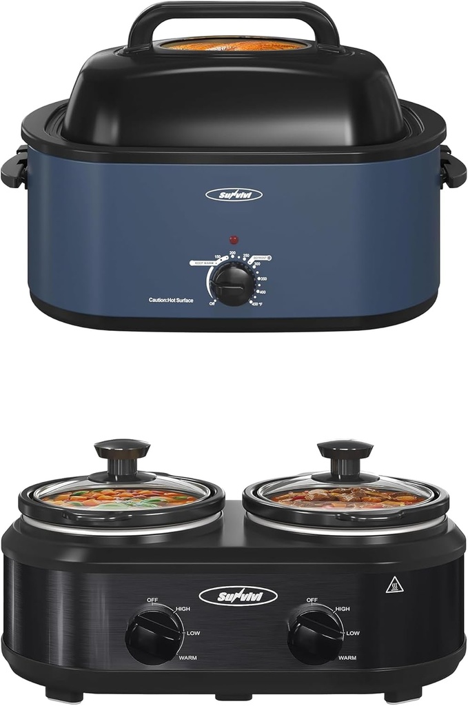 Sunvivi Roaster Oven and Slow Cooker, Turkey Roaster 24 QT with Unique Defrost/Warm Function,Blue, 2 Pot Small Mini Crock Buffet Server and Warmer,Black