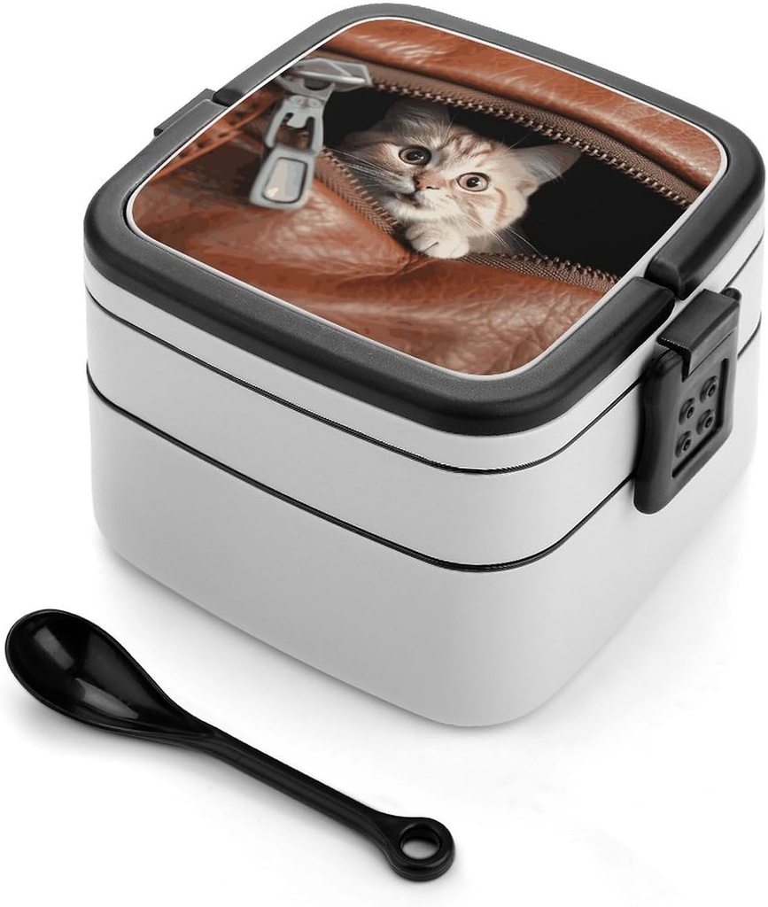 Adult Double-Layer Bento Box Cat Peeks Out Portable Lunch Box with Spoon And Invisible Handle Leakproof Microwave-Safe Food Container for Work Travel Camping
