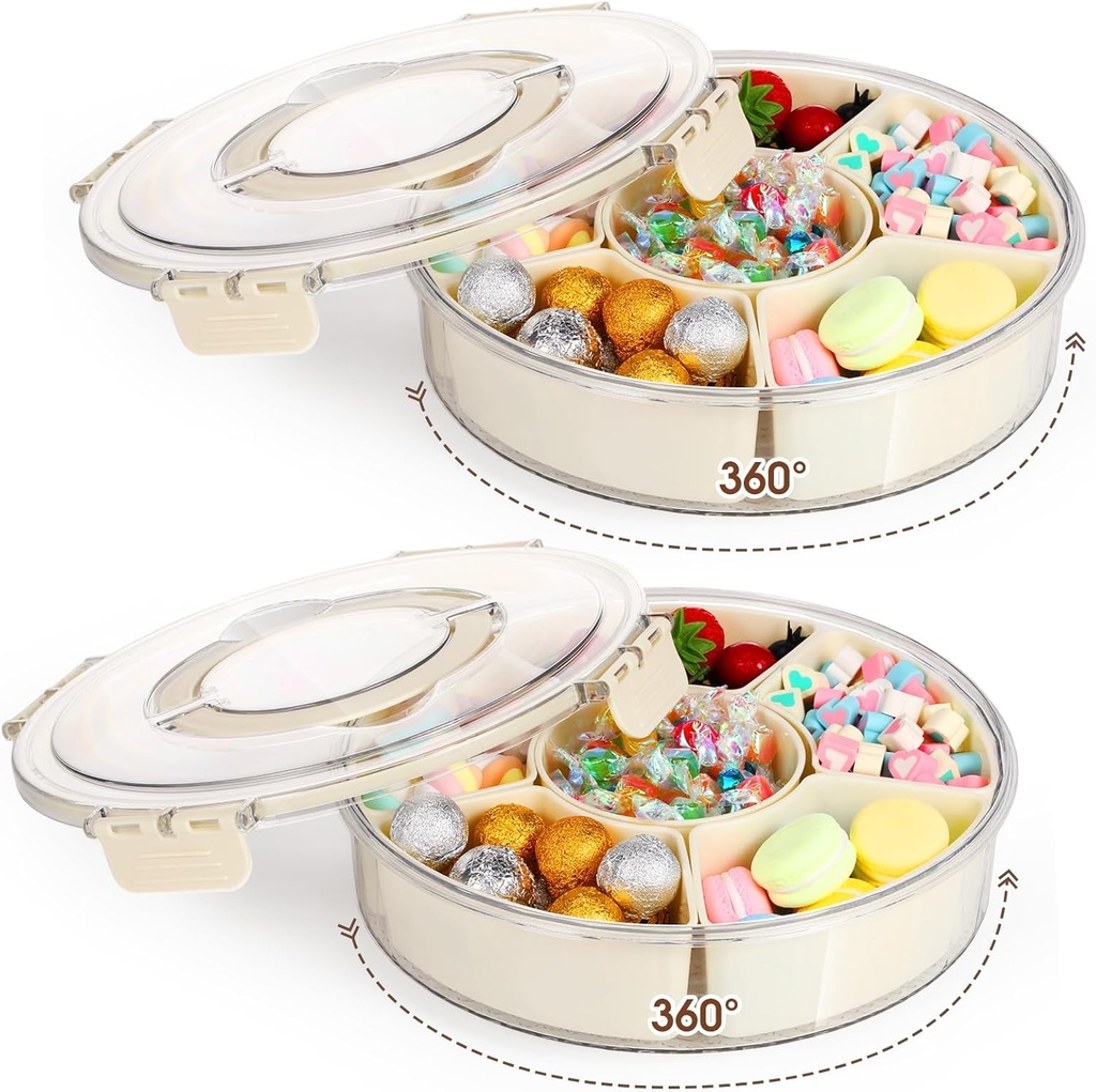 Maxdot 2Pcs Snackle Box Container Divided Serving Tray with Lid and Handle,6 Compartment Rotating Reusable Snack Portable Spinner Tray Portable Food Platter for Lunch Veggie Fruit Party Travel,10.6