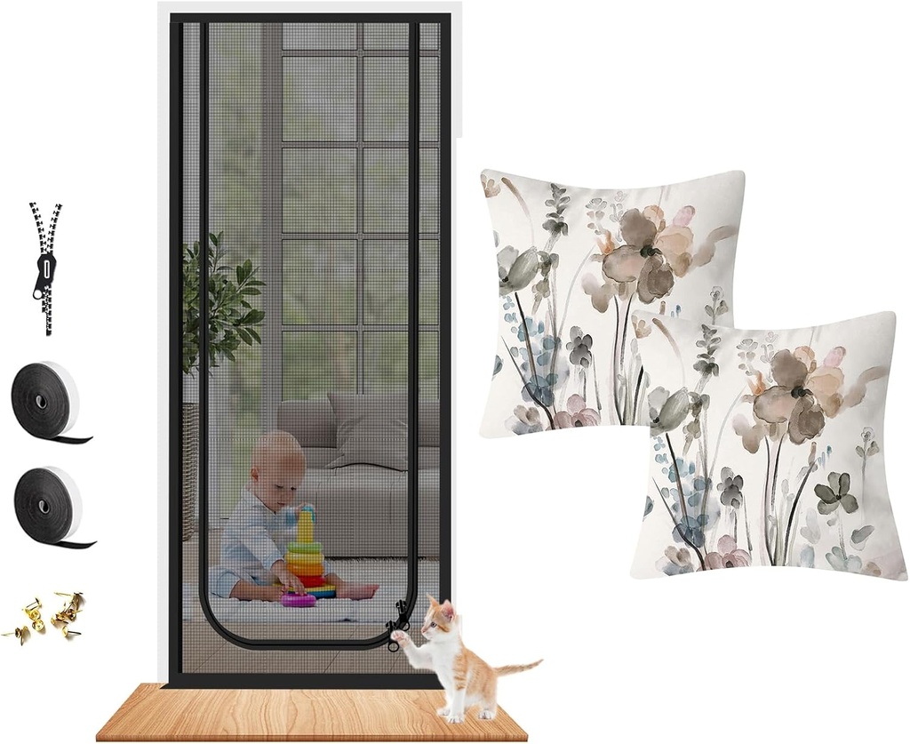 Dixutzi Reinforced Cat Screen Door Fits Door Size 36'' x 82'' & Flower Throw Pillow Covers 18x18 Inch