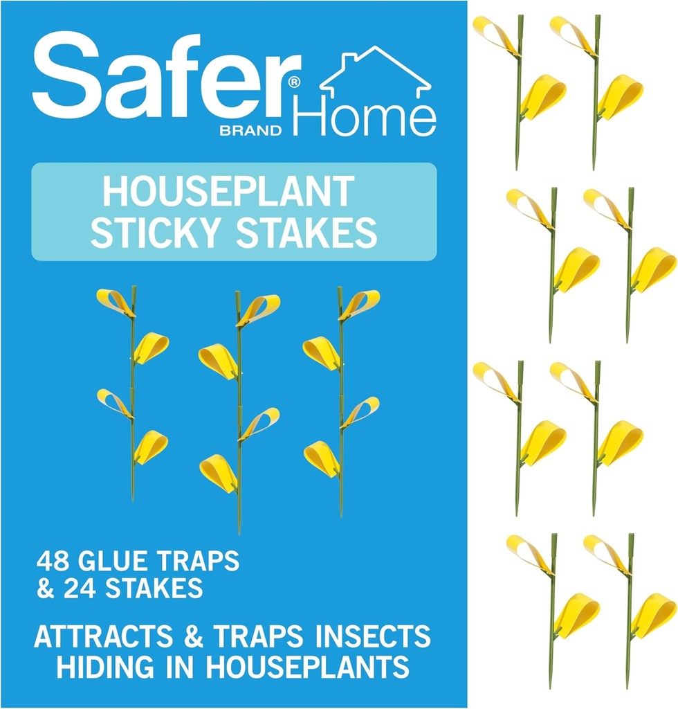 Safer Brand Home SH5026-3SR Houseplant Sticky Stake Insect Traps for Indoor Plants - 48 Traps Included - Controls Aphids, Whiteflies, Fruit Flies, Fungus Gnats, and Other Insects