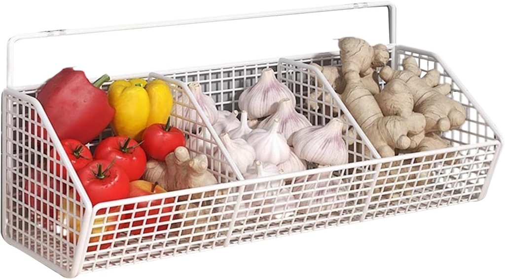 Onion Basket | 3-Tier Hanging Vegetable Storage Basket | Wall Mounted Garlic Potato Holder, Space-Saving Kitchen Pantry Organizer for Ginger Fruits Vegetables Multipurpose Rack
