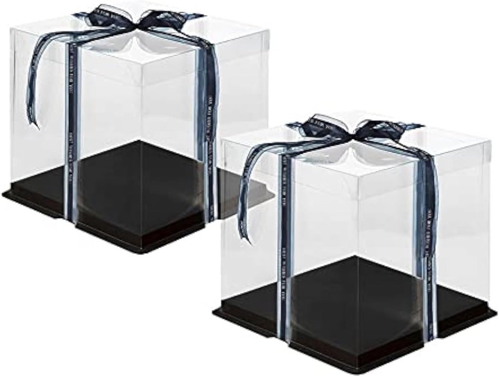 Clear Cake Box,4 Pcs Transparent Cake Box with Ribbon for Pastries10" X 10" X 9"-Clear Tall Cake Box- Clear Gift Boxes with Lid for Wedding Party and Gift Display (Black-2 Set)