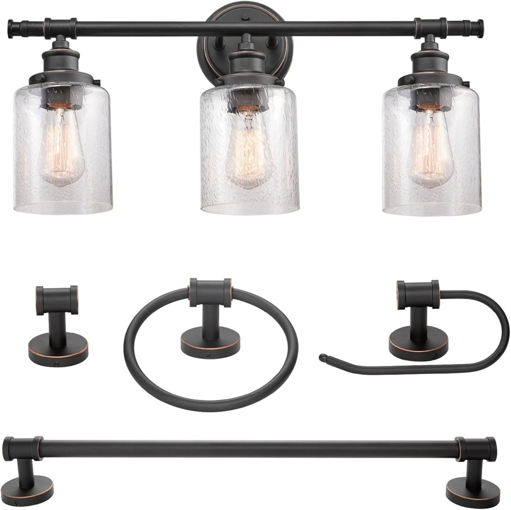 Globe Electric 51415 Camden 5-Piece All-in-One Bathroom Set, 3 Vanity Light with Seeded Glass Shades, Bar, Towel Ring, Robe Hook, Toilet Paper Holder, Bronze
