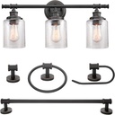 Globe Electric 51415 Camden 5-Piece All-in-One Bathroom Set, 3 Vanity Light with Seeded Glass Shades, Bar, Towel Ring, Robe Hook, Toilet Paper Holder, Bronze