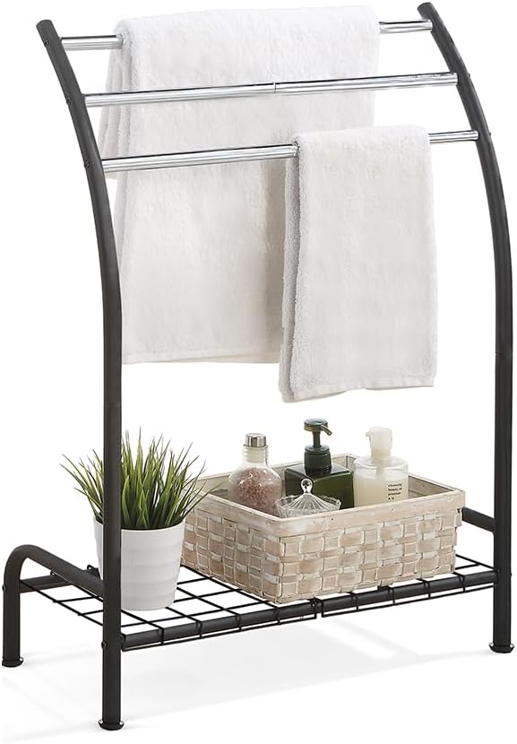 SunnyPoint Freestanding 3 Hanging Bar Towel Rack with Bottom Shelf (BLK)