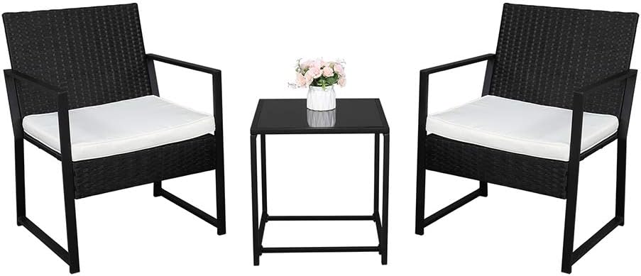 3 Pieces Wicker Patio Furniture Set, Outdoor Patio Furniture Conversation Sets, PE Rattan Wicker Chairs with Glass Table & Cushions for Patio, Balcony, Porch, (Black & White)