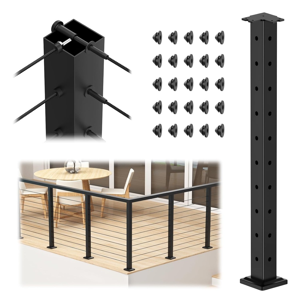 36" Cable Railing Corner Post, Stainless Steel Flat Top Deck Corner Post with Cable Grommets, 2"x2" 90° T-Drilled Metal Corner Post for Black Deck Stair Railing System, RG13