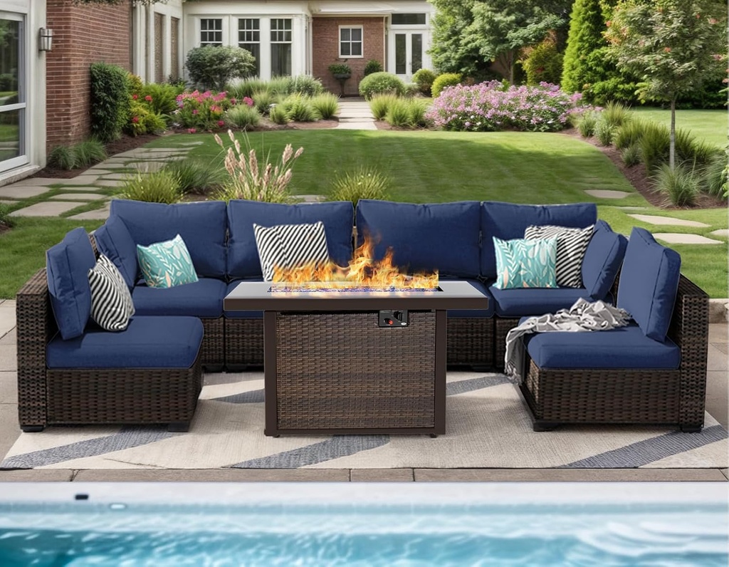 Patio Furniture Set 7 Pieces with 44" Fire Pit Table, Rattan Outdoor Sectional Conversation Sets, All Weather Outdoor Furniture Set with Cushions for Garden Lawn Balcony Porch Deck Blue
