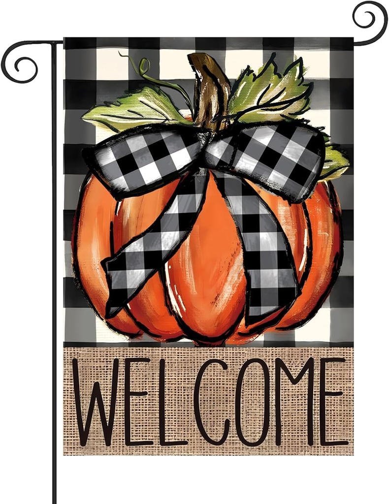 Fall Pumpkin Welcome Fall Garden Flag for Outside 12x18 Inch, Double Sided Buffalo Plaid Autumn Garden Flags - Thanksgiving Harvest Decoration Burlap Yard Flag for Outdoor Holiday Festivities