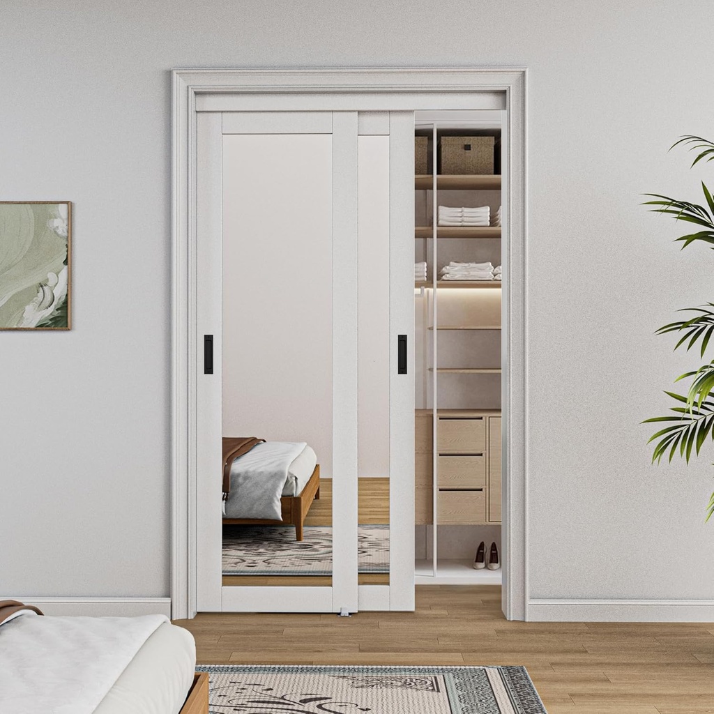 Bypass, 48" x 80" Sliding Closet Door, Double 25" Panels with One Side Mirror, Primed & Paintable Surface, White, Pre-Assembled Panels & Hardware Kit for Bedroom/Closet/Laundry