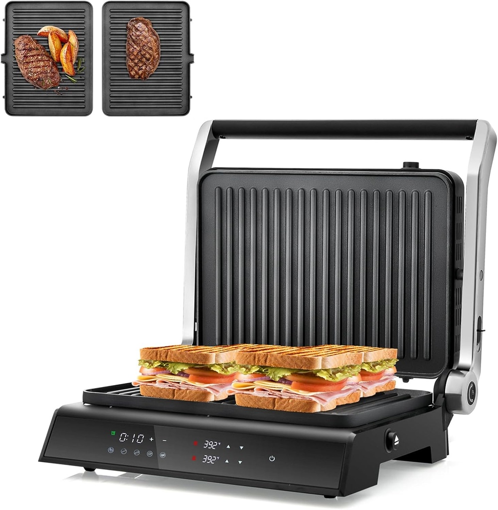 Panini Grill Press Sandwich Maker, 3 In 1 Sandwich Maker with Removable Plates & Led Display, 1200w Panini Press Machine for Toaster, Bread, BBQ, Vegetable