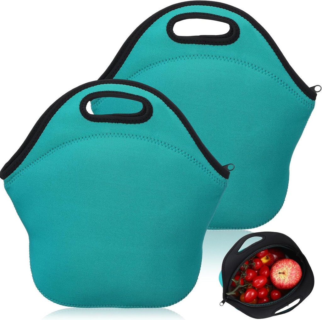 2 Pcs Neoprene Lunch Bags Insulated Tote Bag with Zipper Reusable Waterproof Picnic Sack Thermal Meal Prep Container Box Lightweight Washable for Men Women(Teal,Classic)