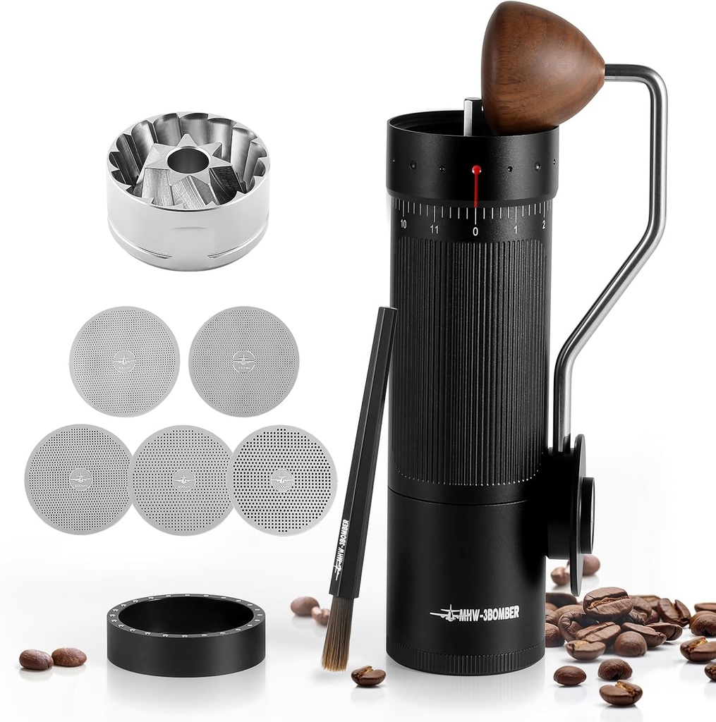 MHW-3BOMBER R3 Manual Coffee Grinder with CNC Stainless Steel Conical Burr and 5 Screen for French Press, Drip, Espresso, External Adjustable, Hand Coffee Bean Grinder with Magnetic Bin, G5847B-OS