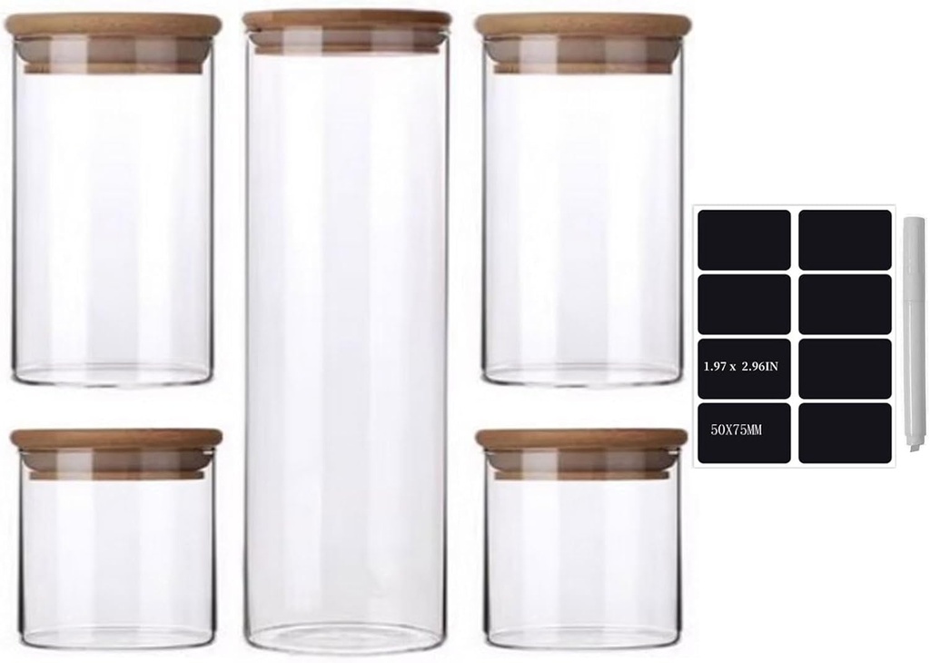 Bamboo Lid Airtight Jars - Multi-Size Set of 5, Food Storage Containers for Flour, Sugar, Coffee, Pasta & More - Perfect for Kitchen & Pantry Organization