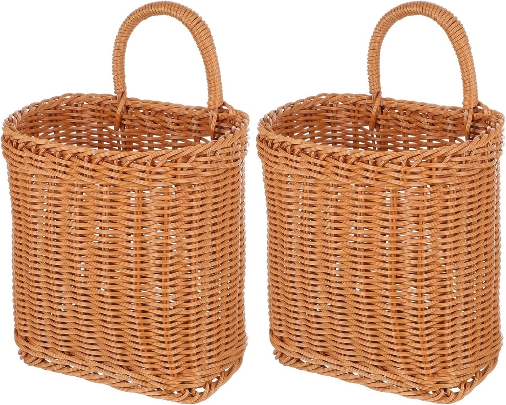 2Pcs Light Brown Plastic Woven Wall Hanging Baskets for Kitchen Storage, 9.64X6.10X8.66In, Multifunctional Organizer for Vegetables, Fruits, Garlic, and Home Decoration