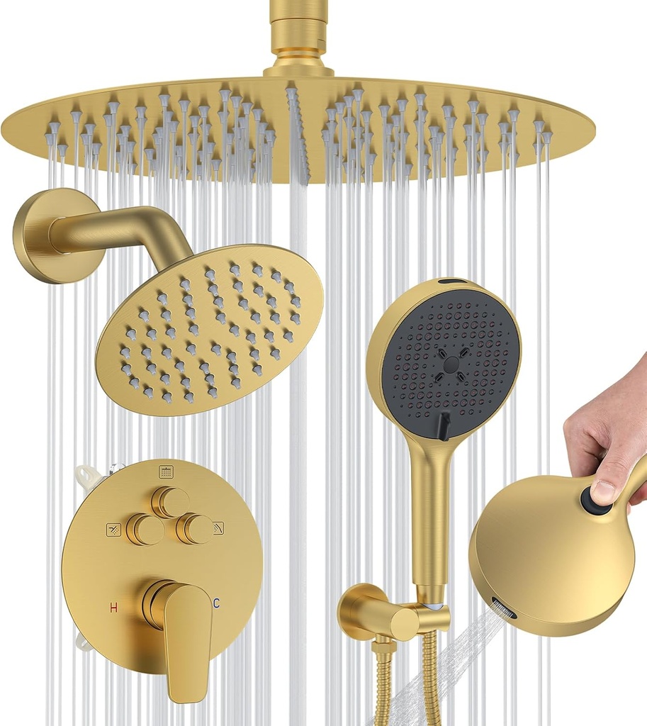 Shower Faucet Set, High Pressure Rainfall Shower Head with Handheld Spray Combo, 12 inch Ceiling Shower System, Brushed Gold Shower Head (12" Brushed Gold)