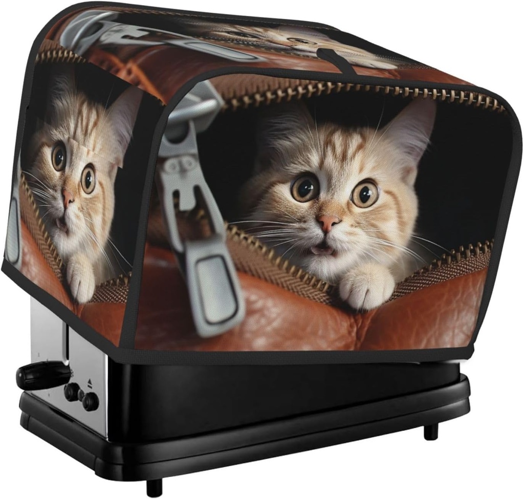Cat Peeks Out Of Zippered Leather Pocket 2 Slice Toaster Covers Bread Machine Cover Quilted Dustproof Fingerprint Protectors Small Washable Appliance Cover Bread Maker Dust Protection Universal Size