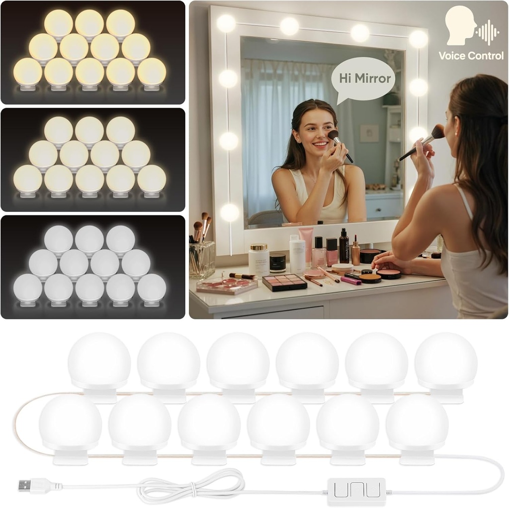 LED Vanity Mirror Lights with 12 Dimmable Bulbs,Adjustable Color & Brightness,Voice Control Mirror Makeup Light,USB Cable,for Vanity Bathroom Table Dressing Room 3Color (White, 12 Dimmable Bulbs)