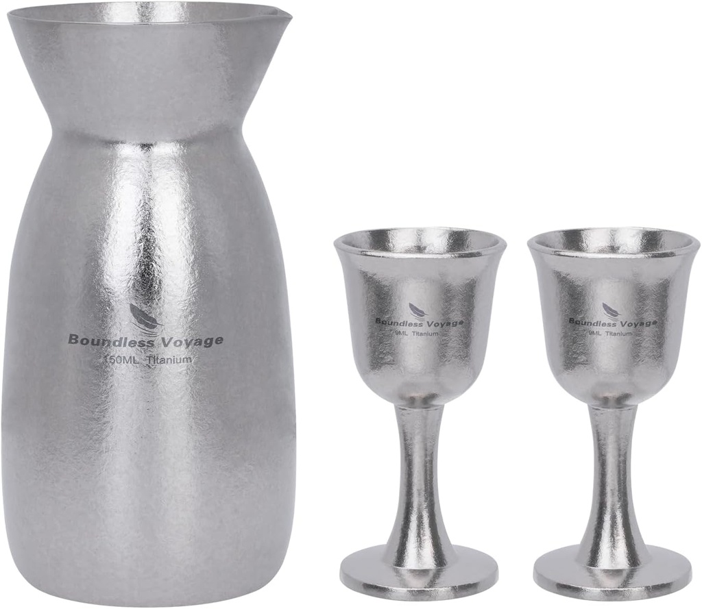 Boundless Voyage 3 Pieces Titanium Japanese Sake Set, 150ml Sake Carafe with 2 Cups, for for Sake Japanese Wine/Soju/Drink/Tea Dishwasher Safe Portable Drinkware for Outdoor Travel
