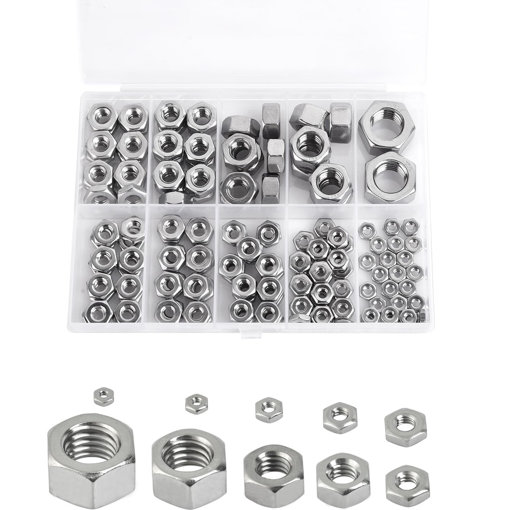Hex Nuts Assortment Kit - 150PCS Hardware Nuts Sets,4#40 6#32 8#32 10#24 10#32 12#24 1/4-20 5/16-18 3/8-16 1/2-13 Nuts,304 Stainless Steel