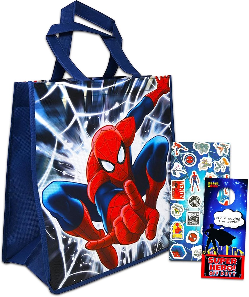 Spiderman Tote Bag Set - Bundle with Double Sided Spider-Man Tote Bag Plus Stickers, More | Spiderman Reusable Bag for Groceries