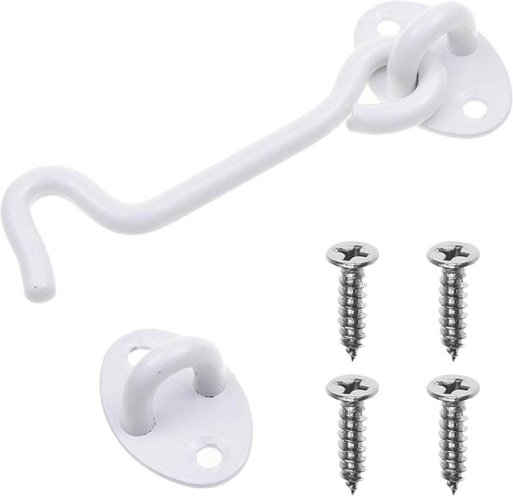 Eco-Fused 4-inch Heavy Duty Hook and Eye Latch - 1x Barn Door Lock (White), 4X Mounting Screws - Powder Coated Stainless Steel Hooks for Door, Windows, Sheds, Fences, Gates, Closets, Cabinets