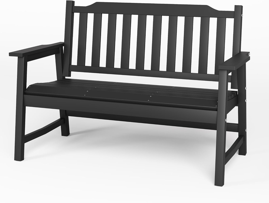 HDPE Outdoor Bench with Backrest, All-Weather 2-Person Garden Bench Durable, Low-Maintenance Entryway Outdoor Furniture for Patio, Yard, or Porch (Black)