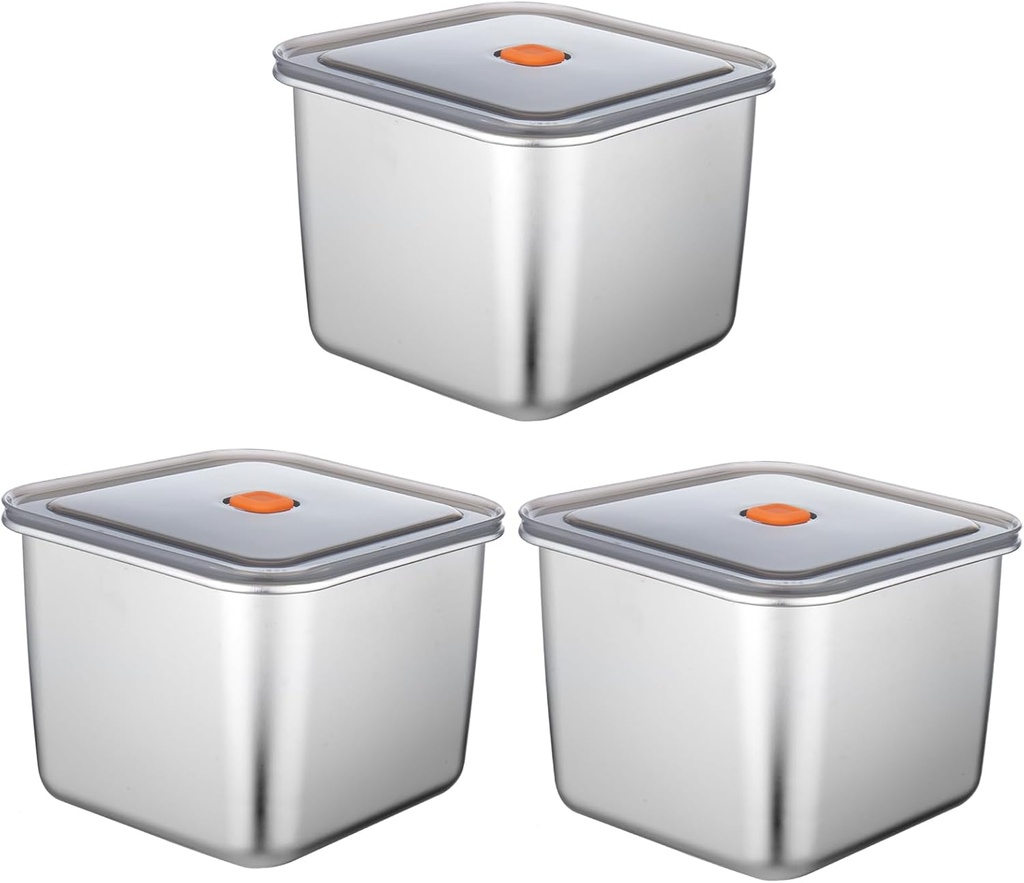3 Packs Large 6.3Inches Square Stainless Steel Pizza Dough Proofing Containers with Lids,Food Storage Box with Sealing Cover 6.3x6.3x4.72（2500ML