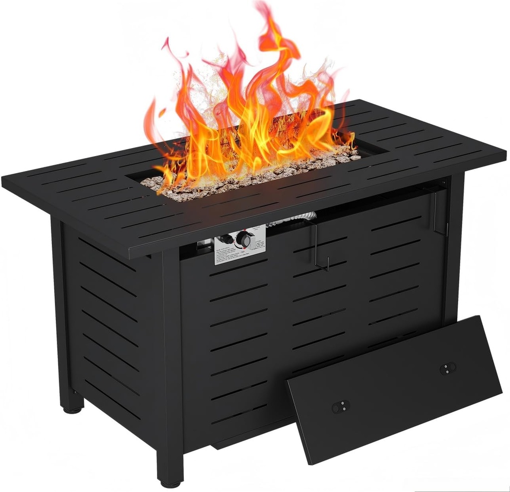 Aoxun 40 Inch Outdoor Propane Fire Pit - 50,000 BTU Gas Fire Pit Table with Lava Rocks, Patio Heater Rectangle Fire Table with Removable Lid & Waterproof Cover for Deck, Backyard, Garden, Black