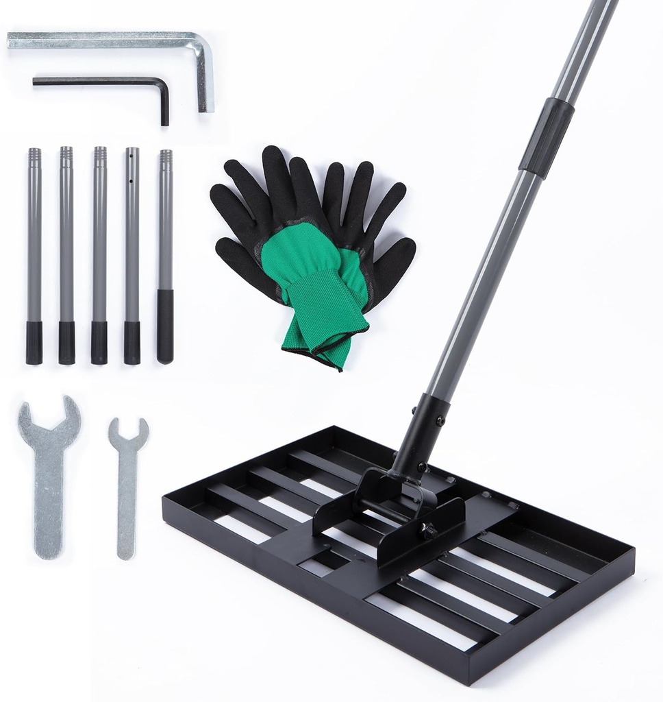 Lawn Leveling Rake with Work Gloves - Heavy-Duty Yard Leveling Rake - 17" X 10" Lawn Leveler Rake with 6.5ft Adjustable Pole - Quick to Assemble Rakes for Lawns and Garden