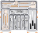 Silverware Organizer Expandable Kitchen Drawer Organizer Adjustable 22"x 19" Utensil Organizer with Rubber Feets Cutlery Drawer Organizer for Spoons Forks Knives Kitchen Organizers and Storage Grey
