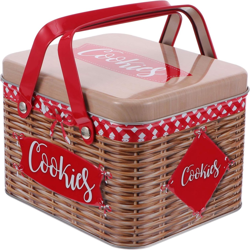 OSKOE Tinplate Candy Cookie Box with Handle Creative Cookie Jar Biscuit Container Gifts Tinplate Box for Dry Storage Tea Cookies Candy (Color : Red)