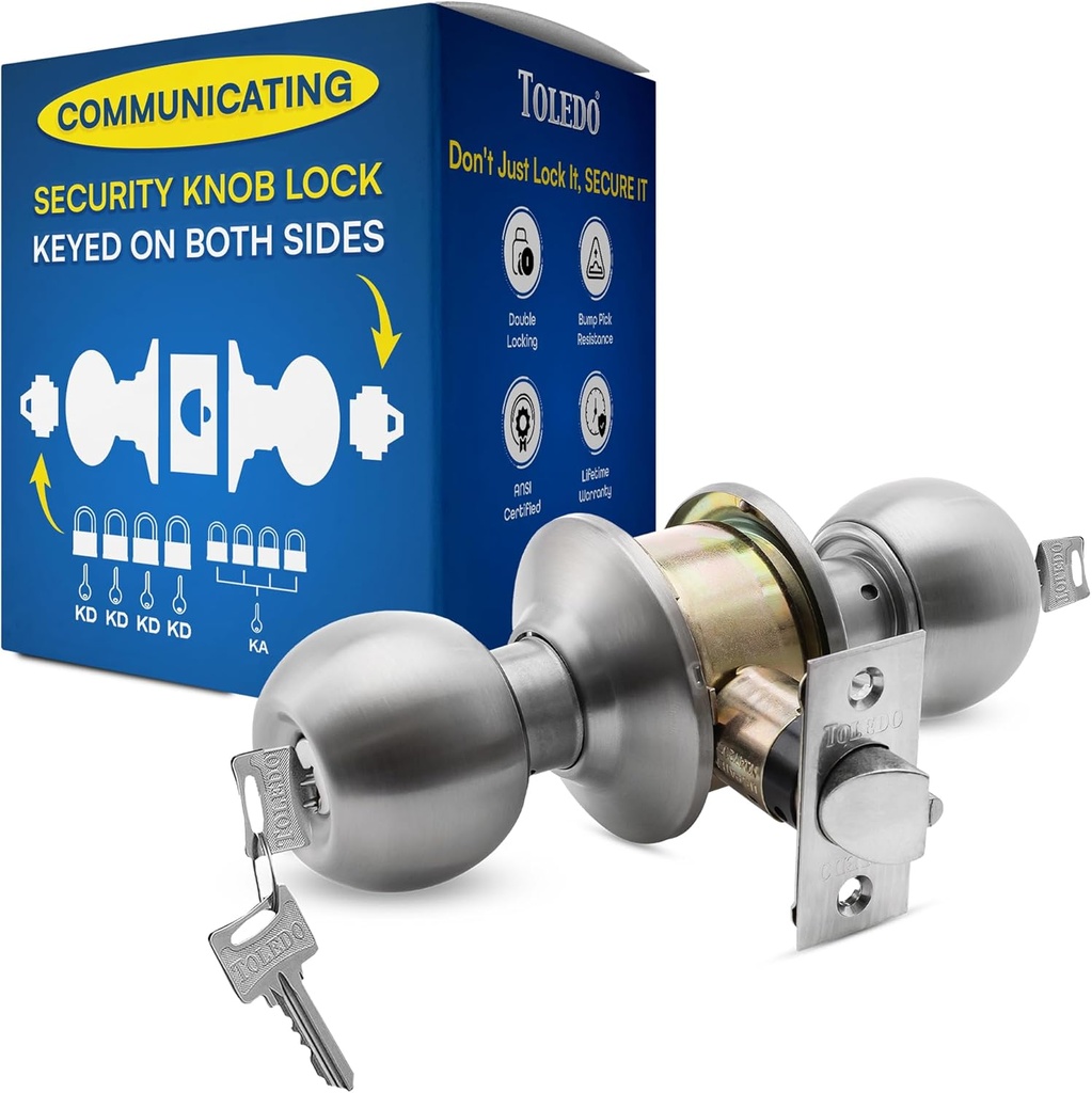 Exterior Door Knob with Lock and Key Communicating: Double Sided Doorknob with Lock : Doorknob with Lockable Handle : Double Sided Locking Door Knob :Stainless Steel Construction: Satin Chrome Finish