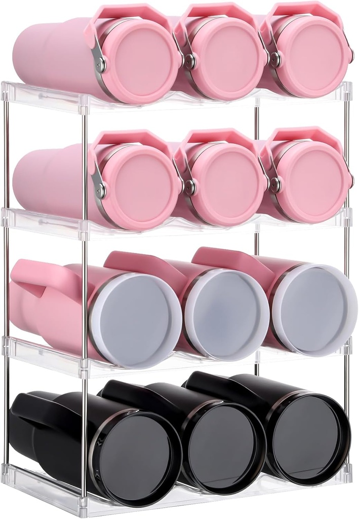 Stackable Water Bottle Organizer for Cabinet, 4 Tier Hold 12, Water Bottle Storage Organizer, Clear Plastic Tumbler Holder for Cup, Wine, Pantry Fridge Kitchen Organization and Storage