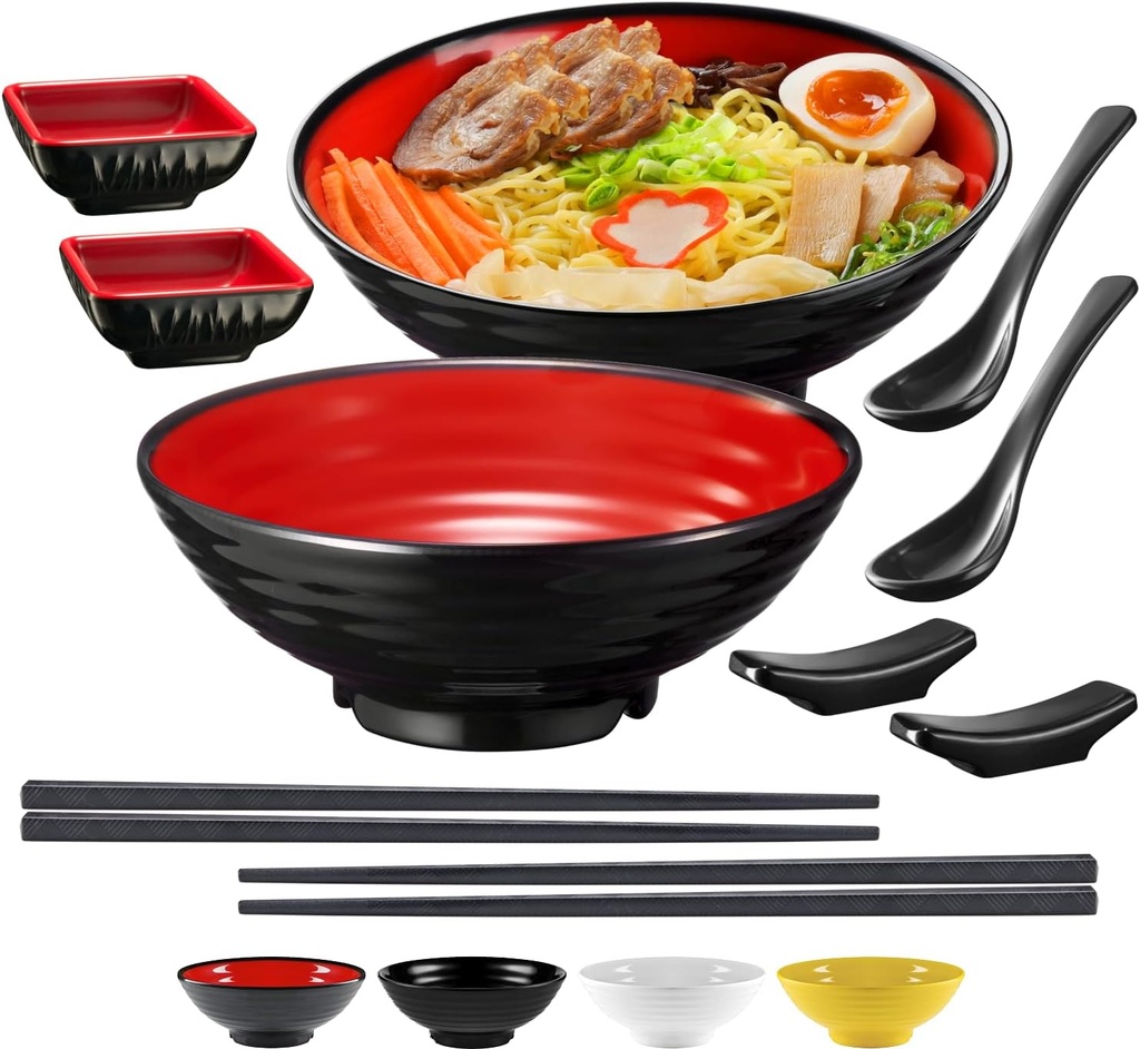 Unbreakable Ramen Bowl Set with Chopsticks and Spoon: 2 large Japanese Style Melamine Ramen Bowls, Dipping Bowls and Chopstick Stands for Asian Pho Soup Thai Miso Udon Wonton (2 Bowl Set, Red-Black)