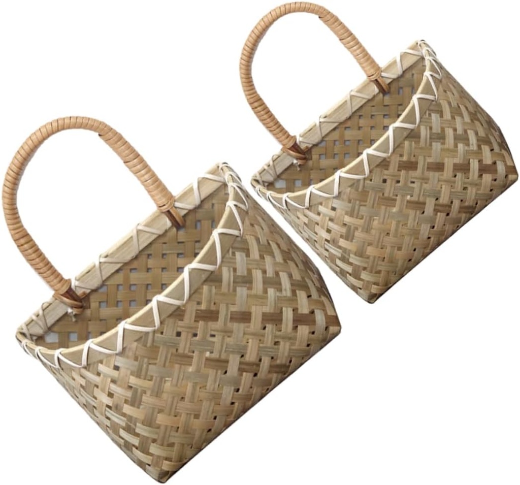 PRETYZOOM Wall Hanging Bamboo Basket Organizer for Ginger and Garlic Small Woven Storage Basket Hooks Kitchen Spice Holder for Herbs and Vegetables