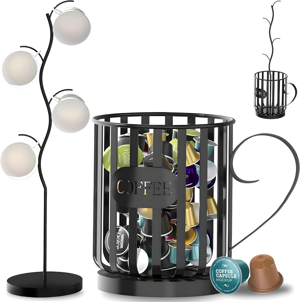 Coffee Pod Holder with Mug Holder Tree, K Cup Holder with Attachable Mug Tree, Coffee Pods Organizer with Mug Rack, Countertop Organizer, Coffee Pod Storage and Mug Organizer