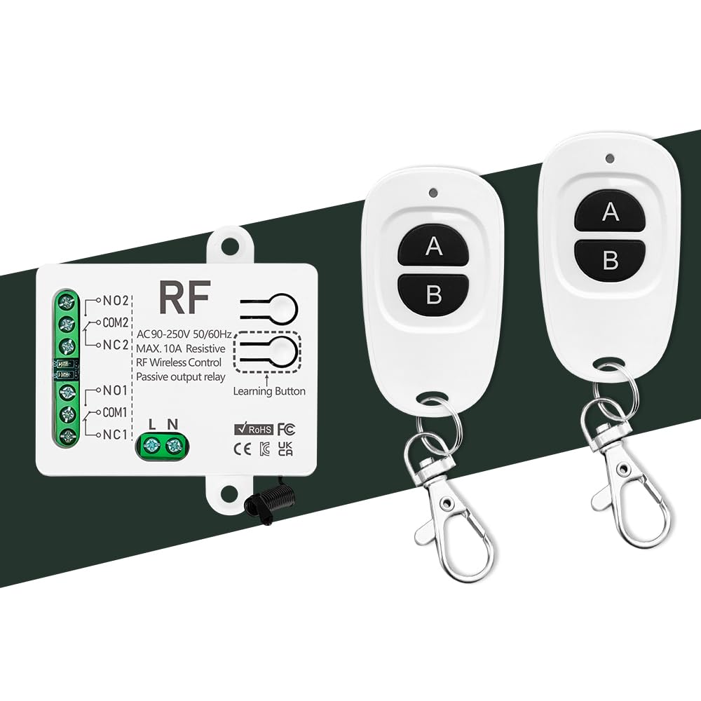 Wireless RF Remote Control Relay Switch,AC 110V 120V 220V Universal 2-Ch Receiver Board with 2 Transmitters for Garage Door Openers,Electric Curtain Motor Forward&Reverse, LED Lights