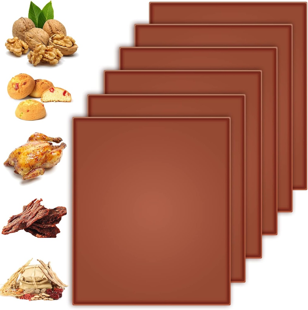 6PCS Silicone Dehydrator Sheets with Edge, Anglecai 12.2 x 10.2 Inch Silicone Dehydrator Mats Compatible with Cosori CP267-FD, Nonstick Dehydrator Trays Liner for Fruits Meat Vegetables(Brown)