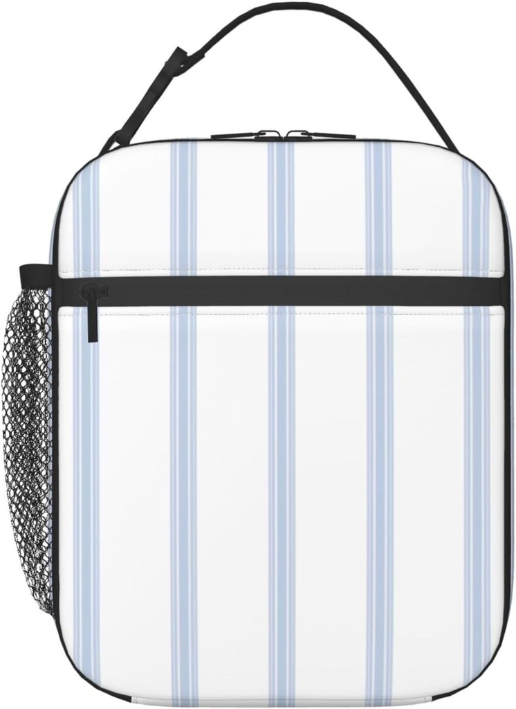 Vintage French Ticking Stripe Pattern Blue White Adult Reusable Insulated Lunch Box Bag, Insulated Lunch Tote Bag With Multiple Pockets