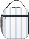 Vintage French Ticking Stripe Pattern Blue White Adult Reusable Insulated Lunch Box Bag, Insulated Lunch Tote Bag With Multiple Pockets